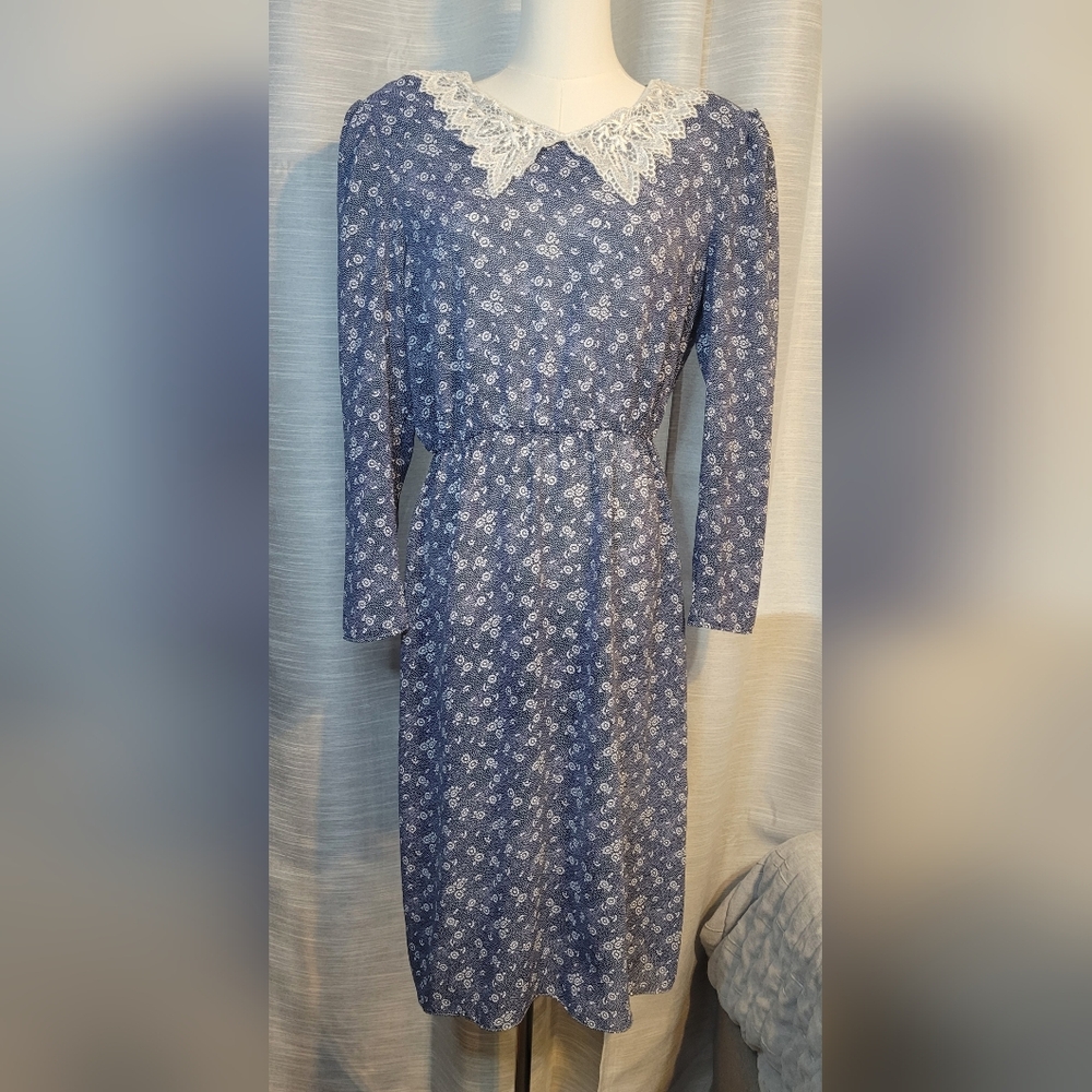 Cottagecore Long Sleeve Blue Floral Dress